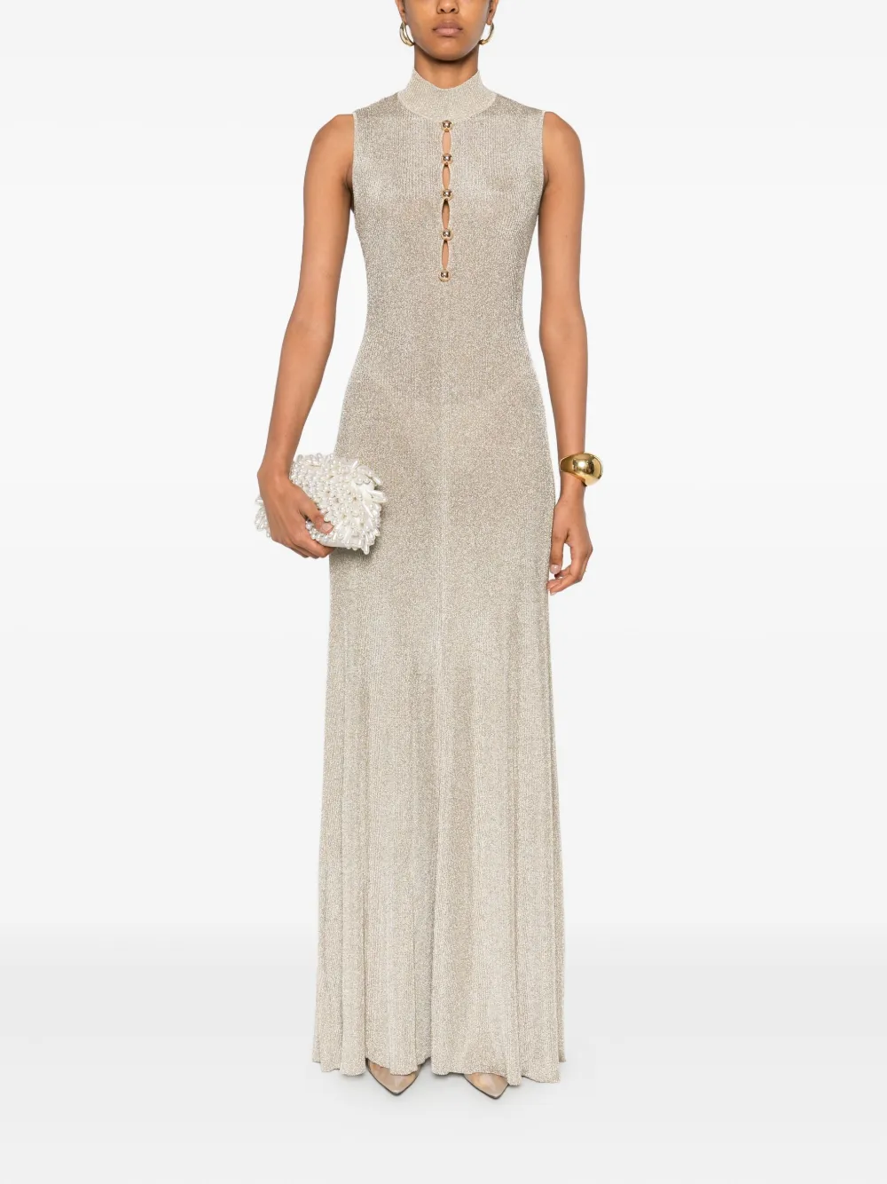 Self-Portrait turtleneck button-front maxi evening dress - Beige