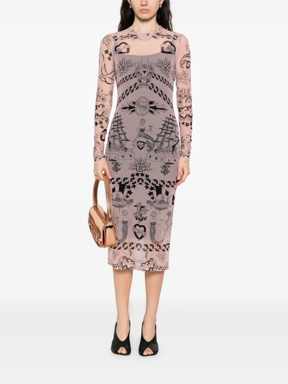 PINKO printed mesh midi dress - Beige