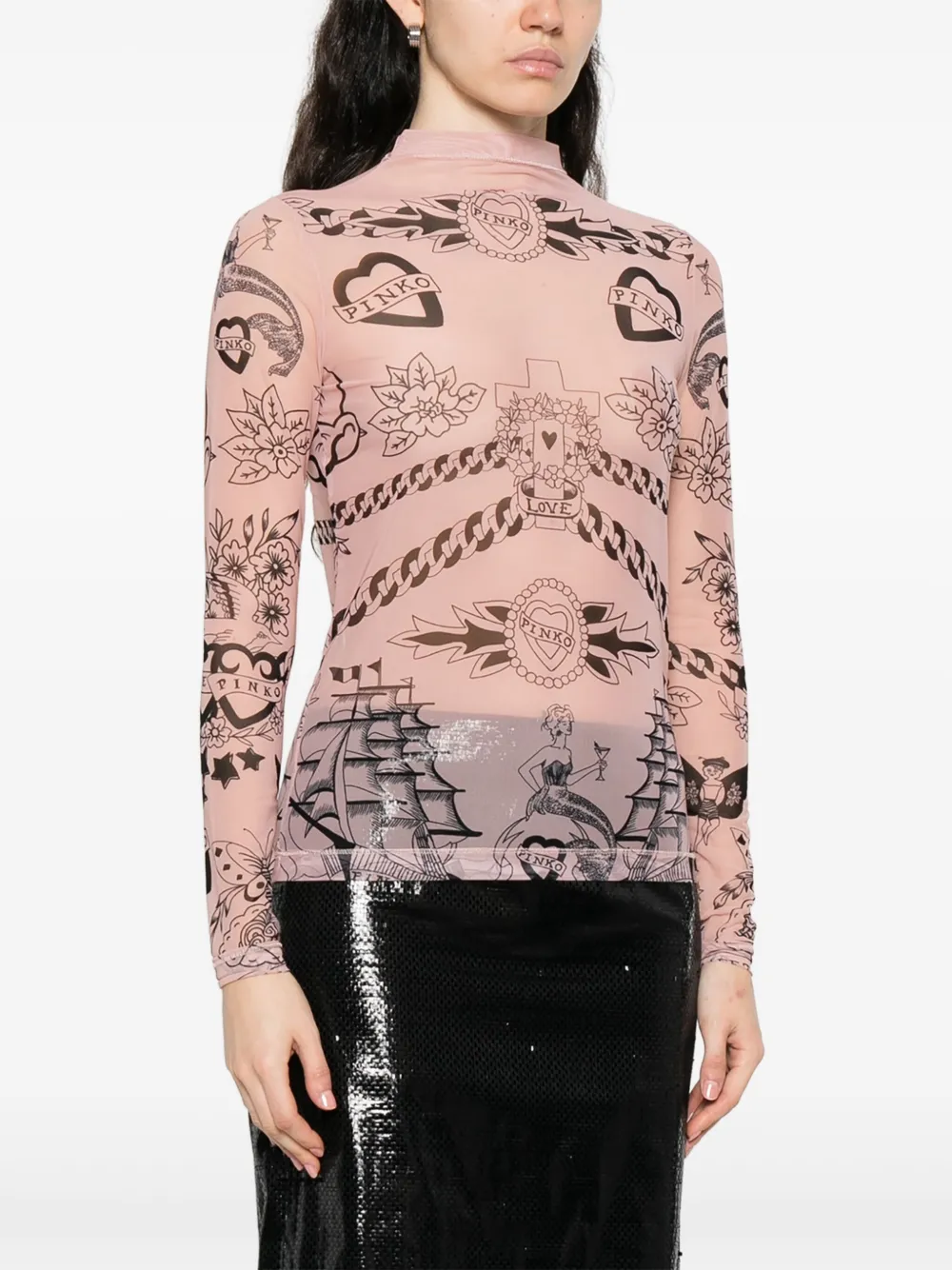 Graphic-Print Mesh Top