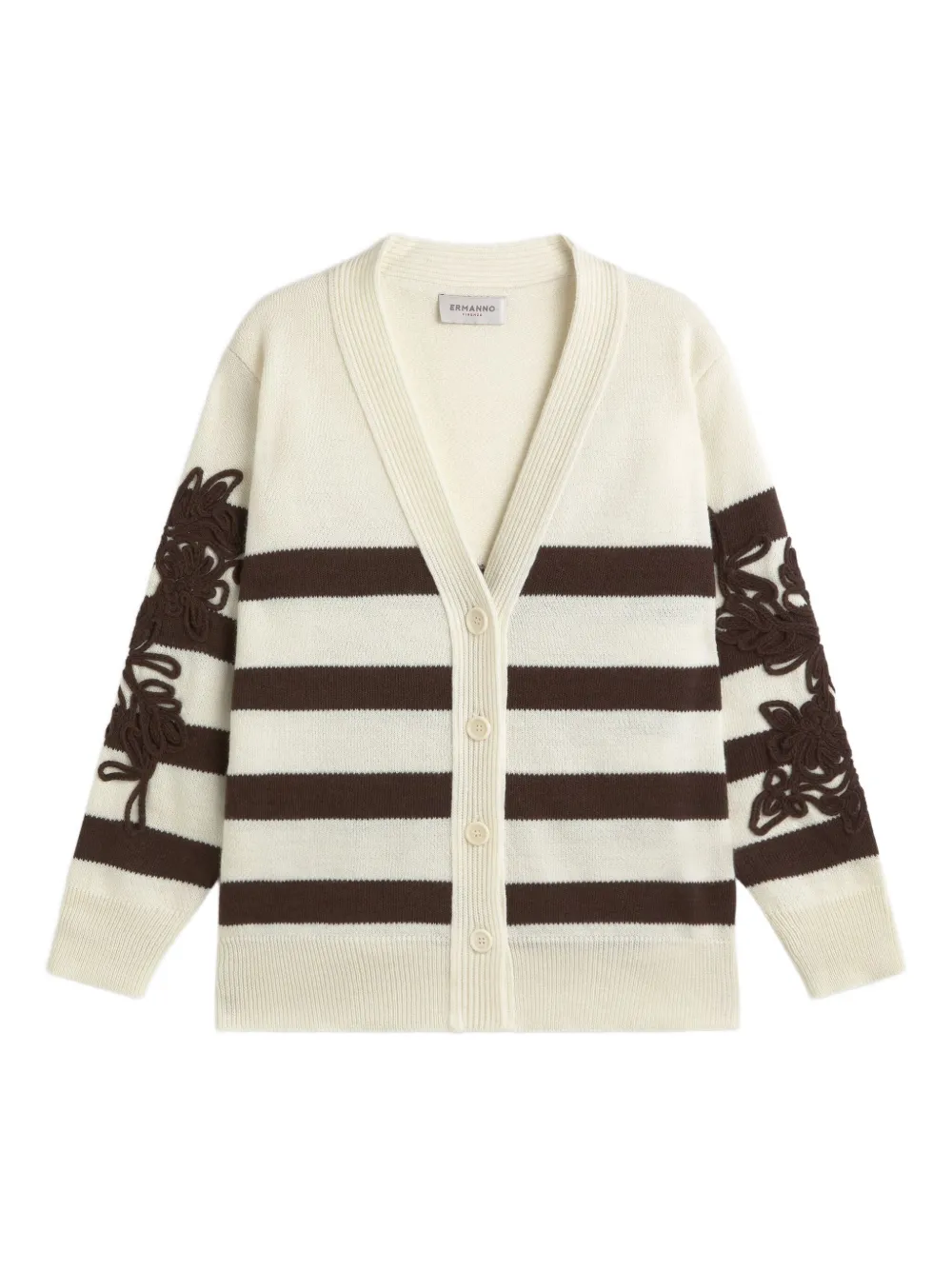 Ermanno Firenze Stripe-pattern Floral-embroidered Cardigan In Neutral