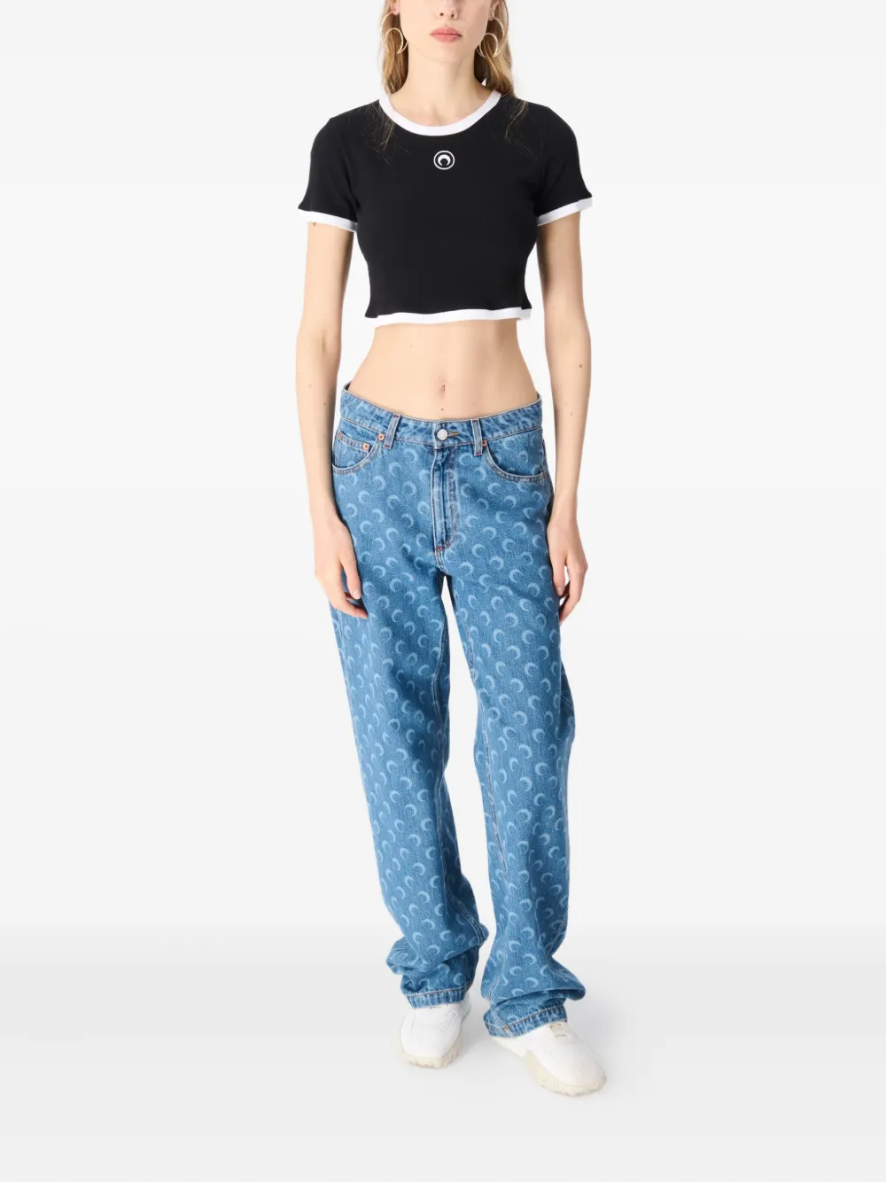 Marine Serre Geribbeld T-shirt met moon-logo Zwart
