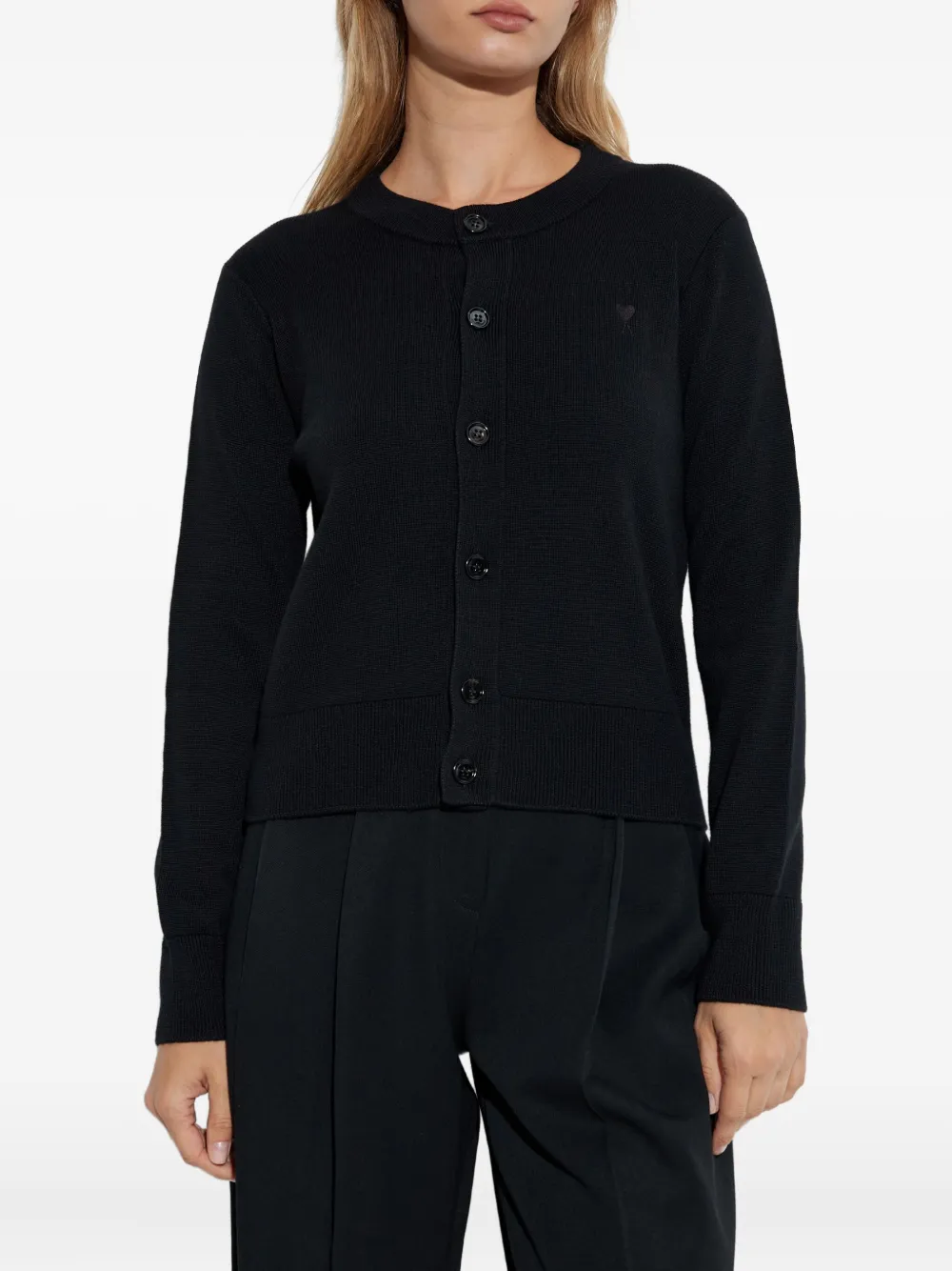 Ami Alexandre Mattiussi Heart-embroidered Button Wool Cardigan In Black