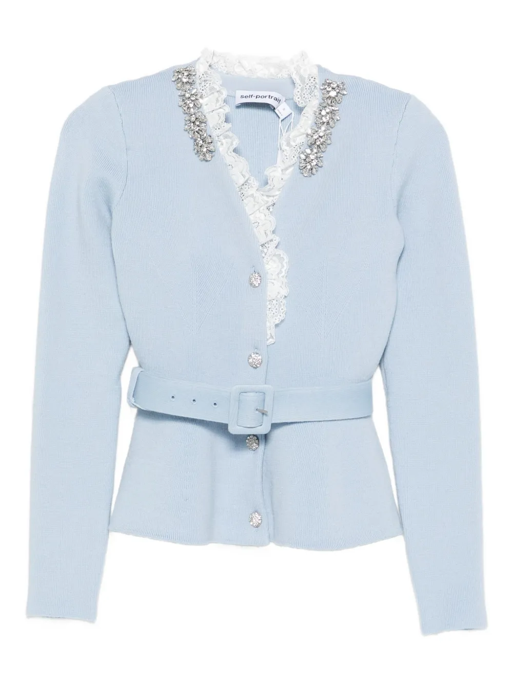 Self-portrait Embellished Belted Cardigan In Blue