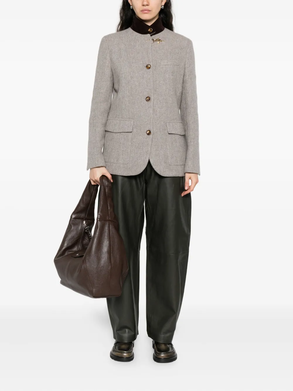 Fay Herringbone Velvet-collared Jacket In Gray