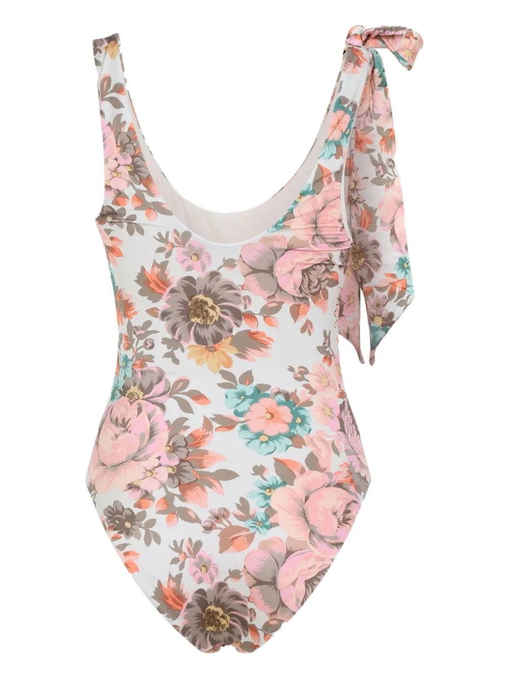 Chloé One-shoulder Floral Print Swimsuit With Bow Detail In Gray