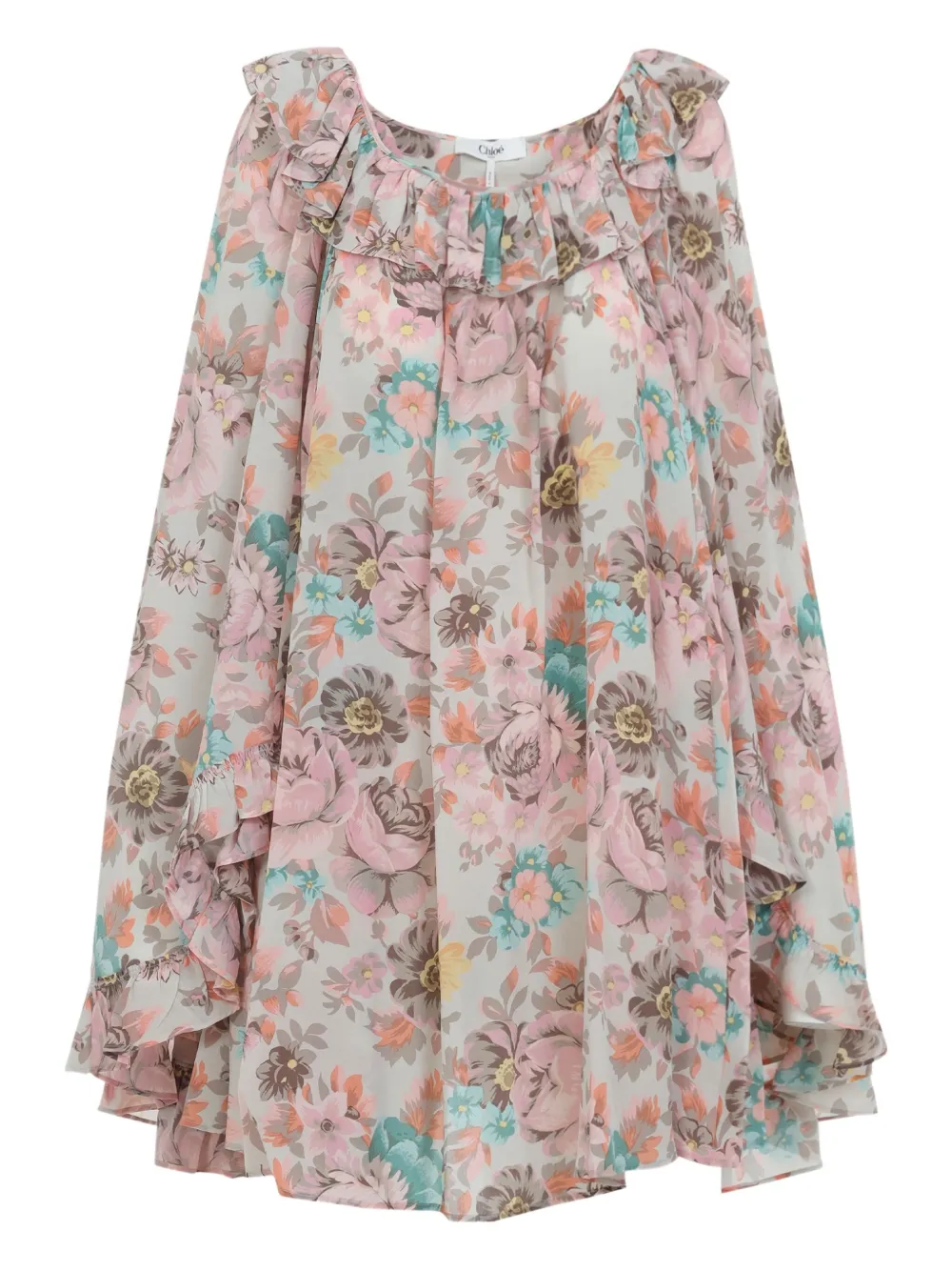 Chloé ruffled floral-print mini dress - グレー Chloé ruffled floral-print mini dress - グレー