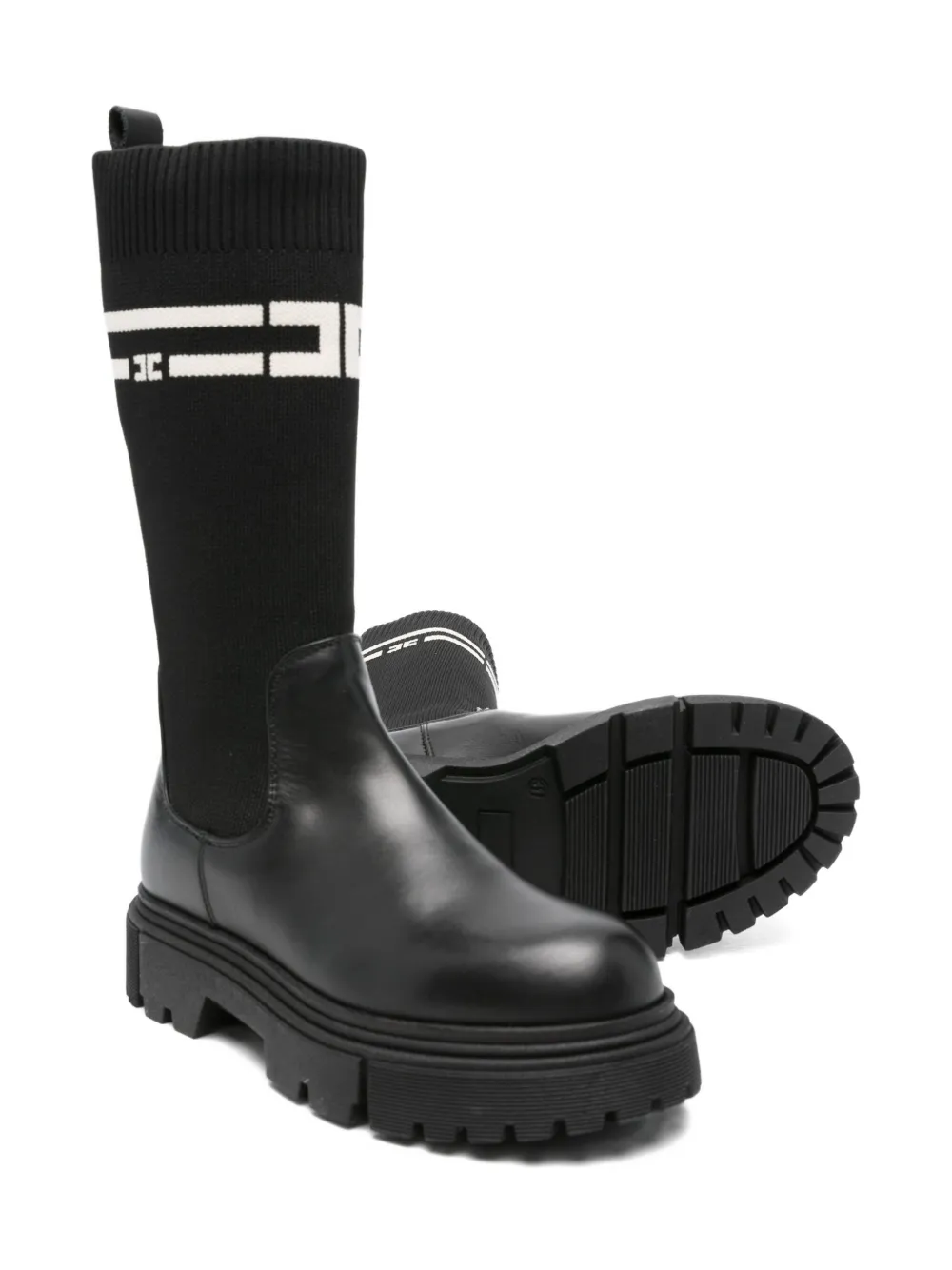 Elisabetta Franchi La Mia Bambina rib knit-panel leather boots Black
