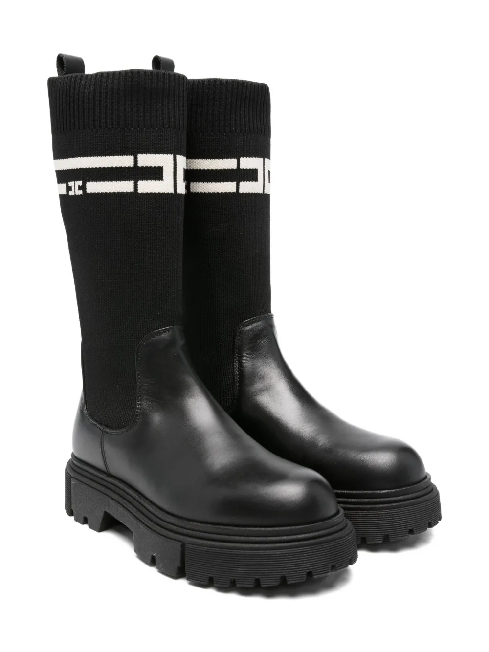 Elisabetta Franchi La Mia Bambina rib knit-panel leather boots Black