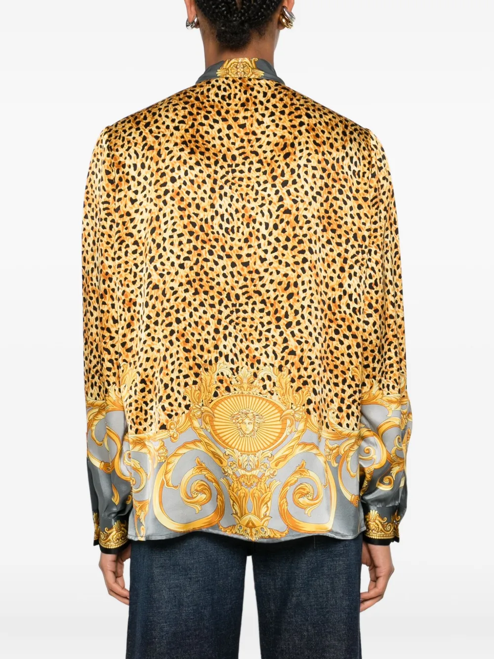 Versace Zijden lavallière blouse met luipaardprint Grijs