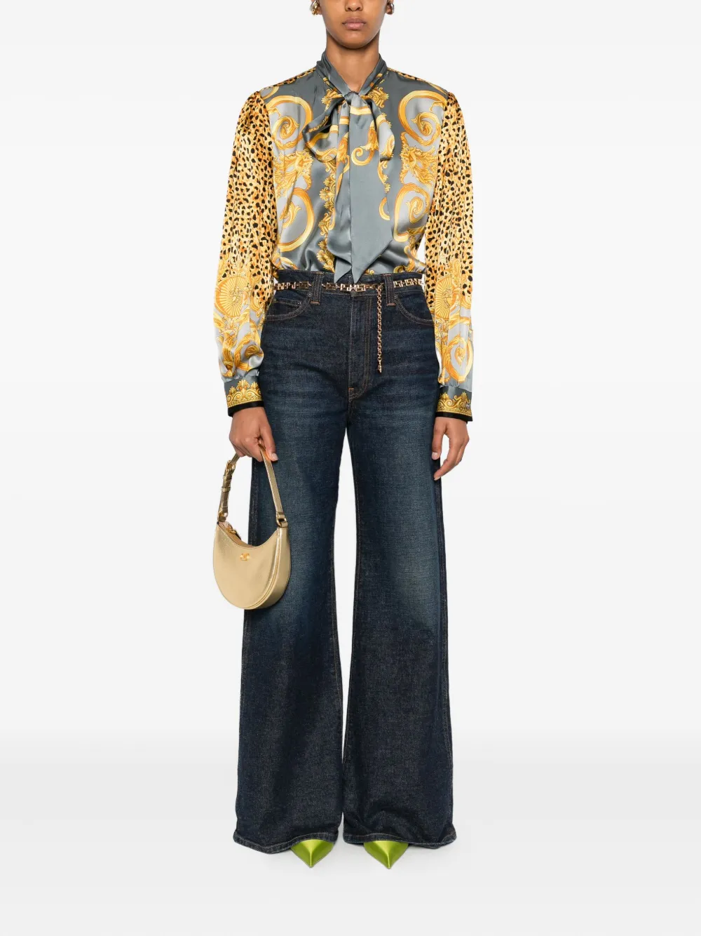 Versace Zijden lavallière blouse met luipaardprint - Grijs