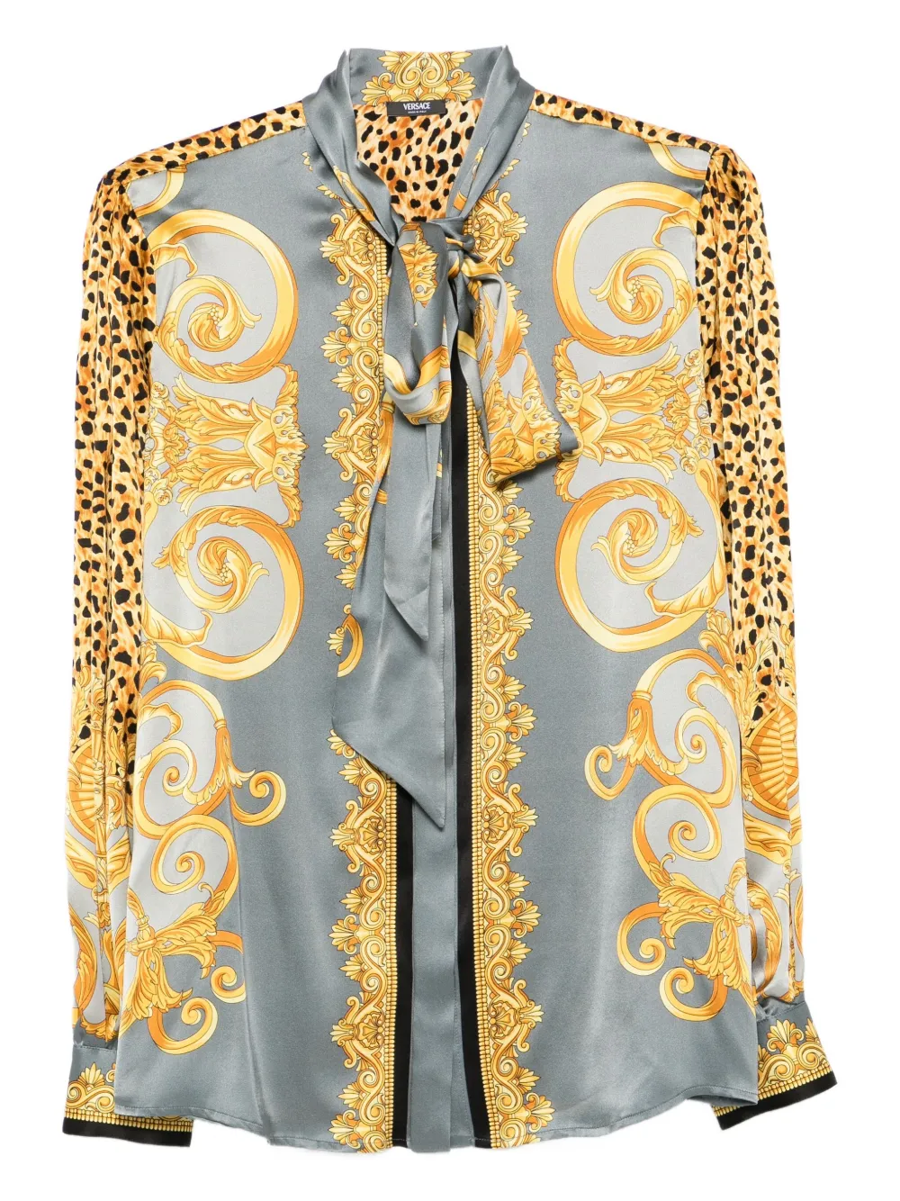 Versace Cheetah Foulard Silk Lavallière Shirt In Gray