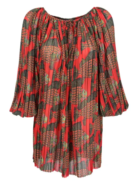 Vintage fish-print pleated blouse