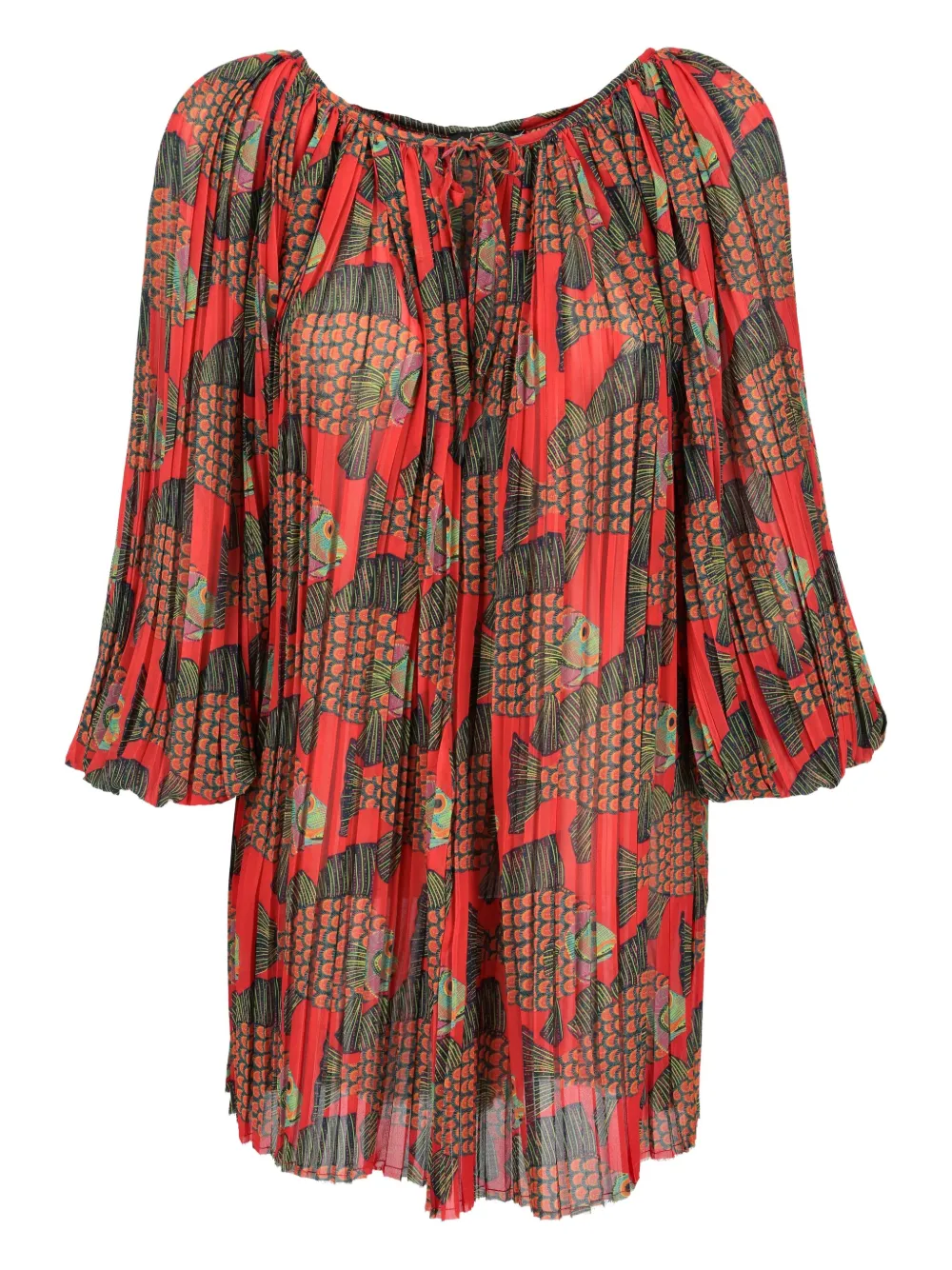 Pre-owned Vintage Fish-print Pleated Blouse In Red