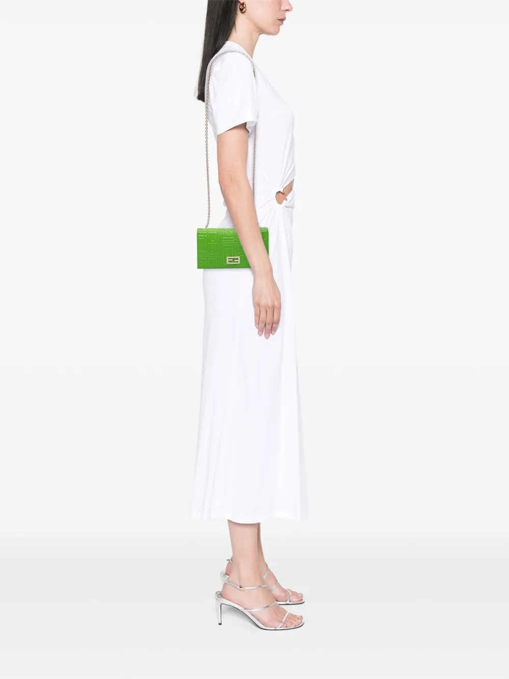 Pre-owned Fendi 2000-2010 Nappa Logo Embossed Long Wallet On Chain Crossbody Bag In Green