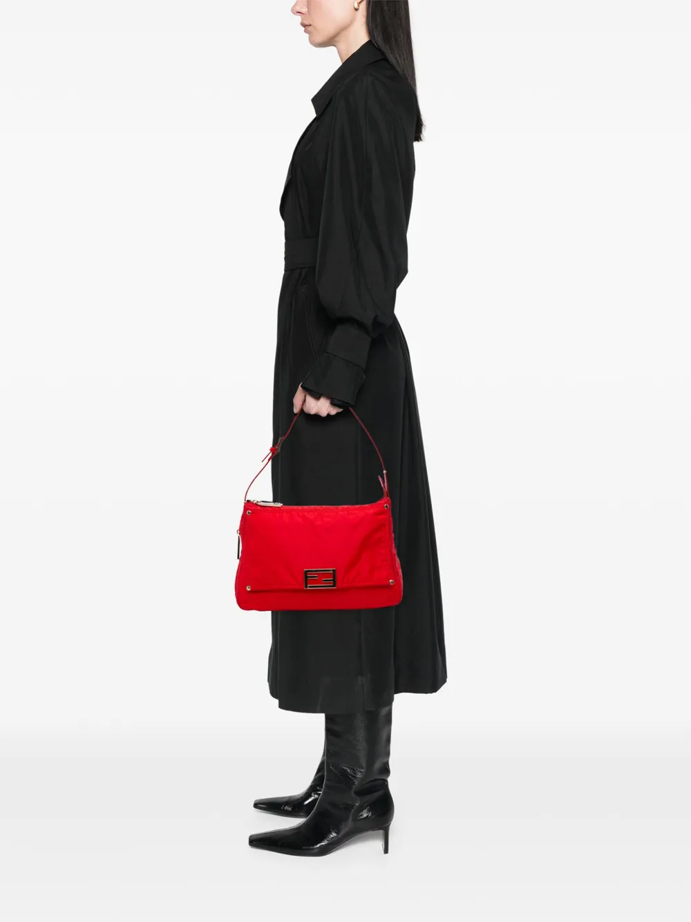 Pre-owned Fendi 2010-2025 Micro Zucchino Nylon Mamma Forever Shoulder Bag In Red