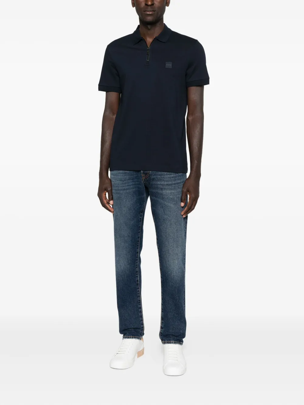 BOSS Poloshirt met hals met rits en logo - Blauw
