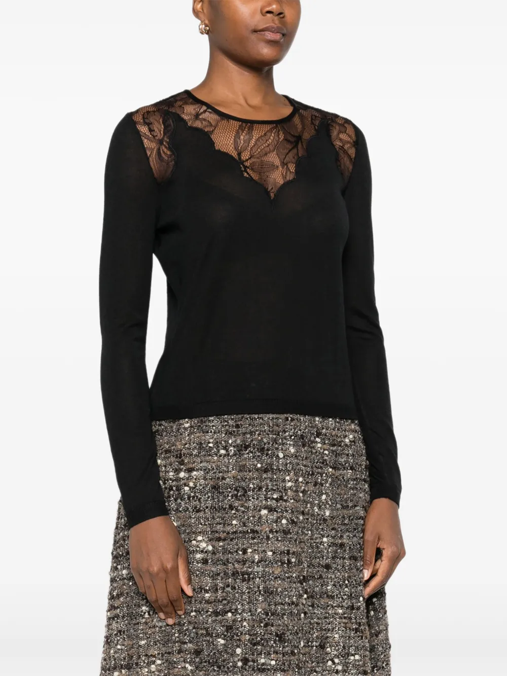 Giambattista Valli Lace-insert Long-sleeve Top In Black