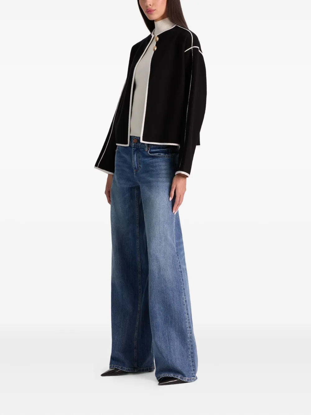Alice And Olivia Pearson Collared Piped-trim Sweater Jacket In Black