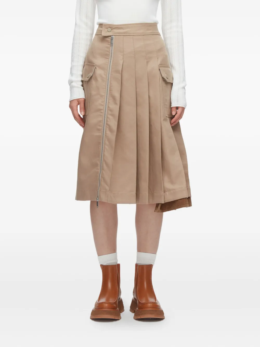 3.1 Phillip Lim Katoenen midi-rok met ritsplooi Beige