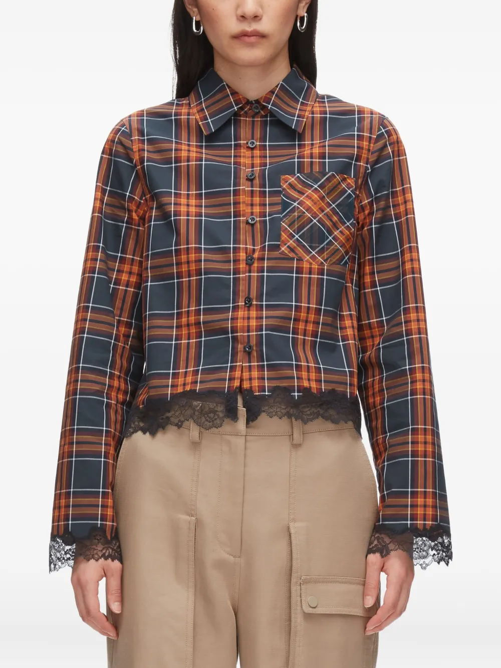 3.1 Phillip Lim Plaid-pattern Lace-trim Cropped Shirt In Red