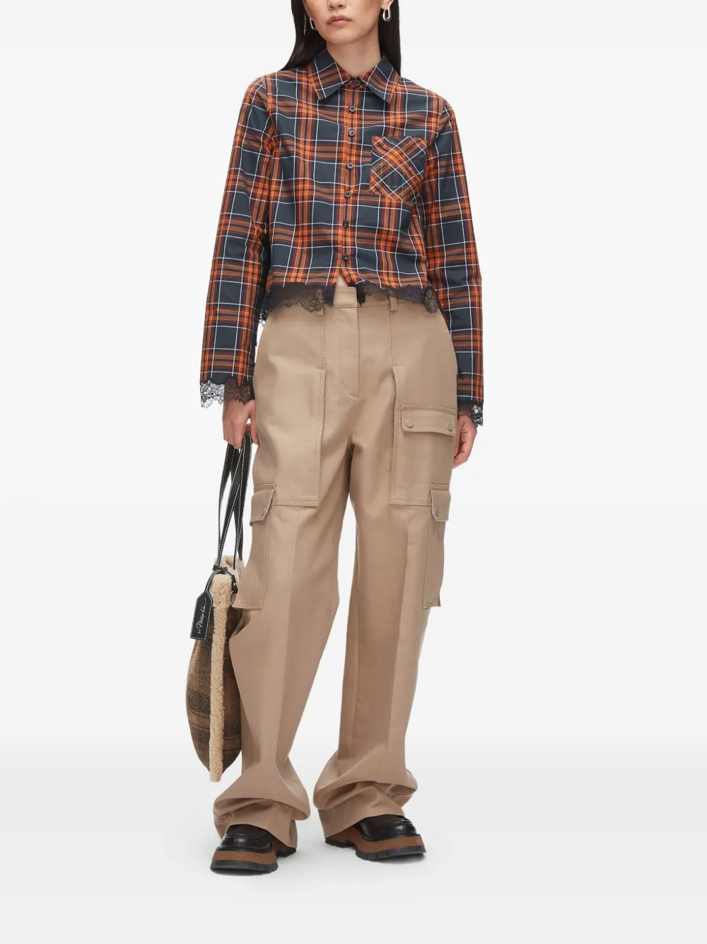 3.1 Phillip Lim Geruite cropped blouse met kanten afwerking - Rood