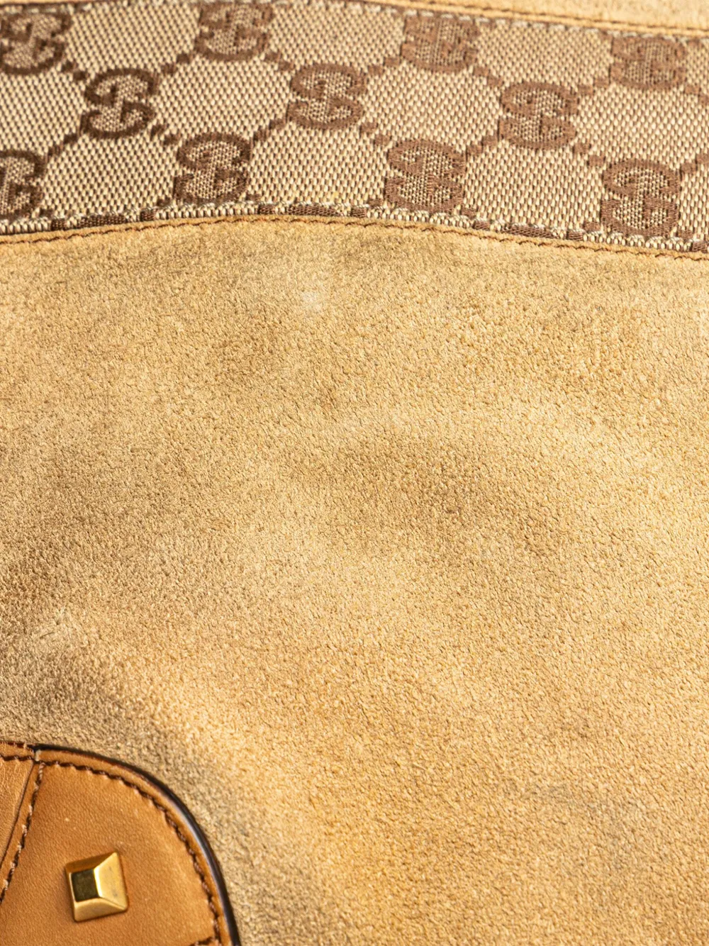 Pre-owned Gucci 2000-2015 Suede And Gg Canvas Nailhead Drawstring Hobo Bag In Brown