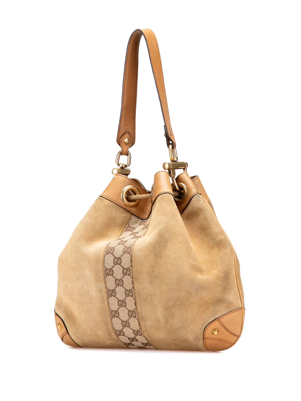 Pre-owned Gucci 2000-2015 Suede And Gg Canvas Nailhead Drawstring Hobo Bag In Brown