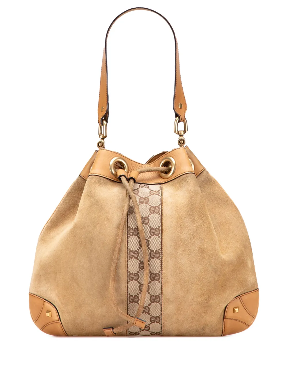 Gucci Pre-Owned 2000-2015 スエード&GGキャンバス ネイルヘッド ドローストリング ホーボーバッグ - ブラウン Gucci Pre-Owned 2000-2015 スエード&GGキャンバス ネイルヘッド ドローストリング ホーボーバッグ - ブラウン