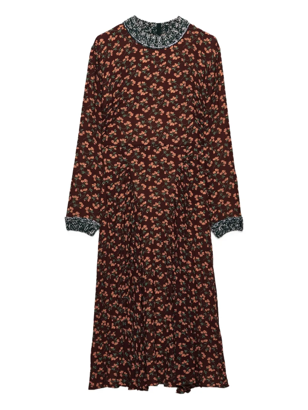 Prada Midi-jurk met bloemenprint en geplooide afwerking Bruin
