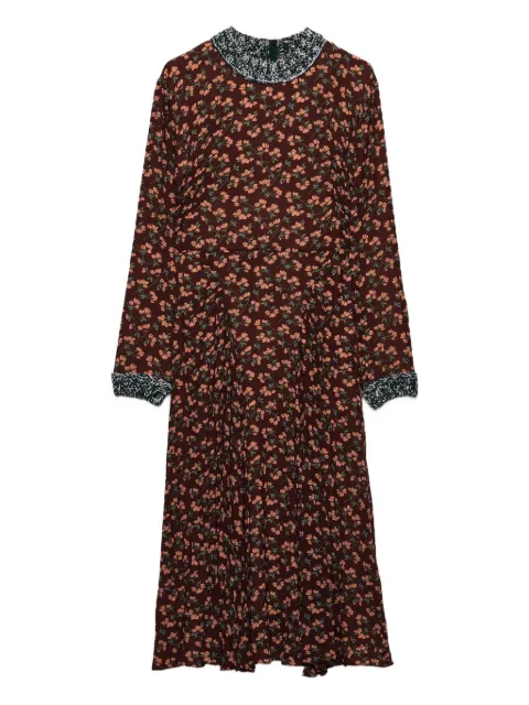 Prada floral-print pleated knit-trim midi dress