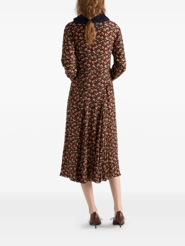 Prada floral-print Pleated knit-trim Midi Dress | Brown | FARFETCH