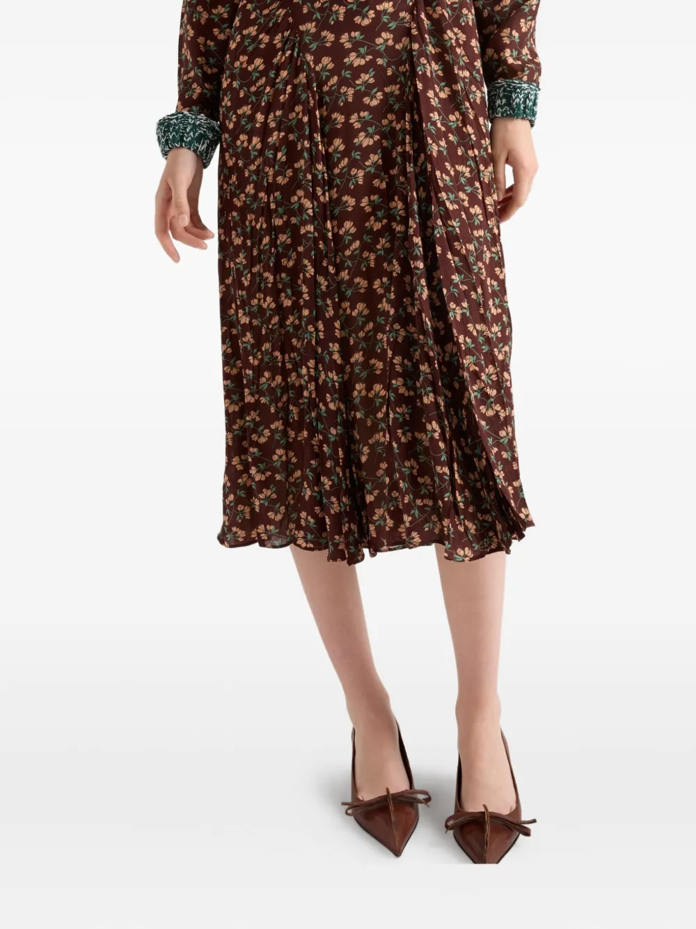 Prada Midi-jurk met bloemenprint en geplooide afwerking Bruin