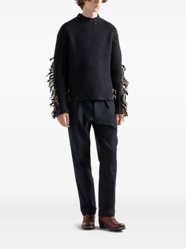 Prada Wool crew-neck Sweater With Fringe And Studs | Black | FARFETCH
