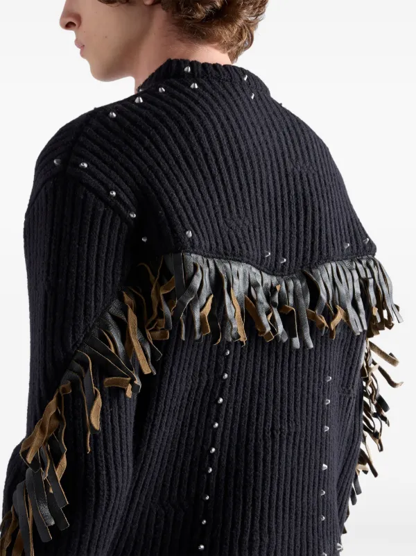 Prada Wool crew-neck Sweater With Fringe And Studs | Black | FARFETCH
