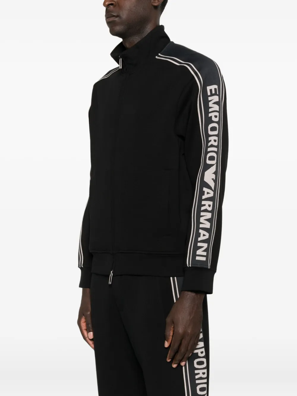 Emporio Armani Asv Double-jersey Full-zip Sweatshirt With Logo Stripe In Black