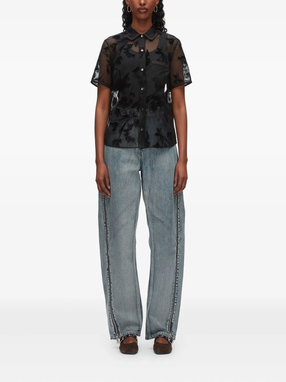 3.1 Phillip Lim Blouse met bloemenprint en korte mouwen - Zwart
