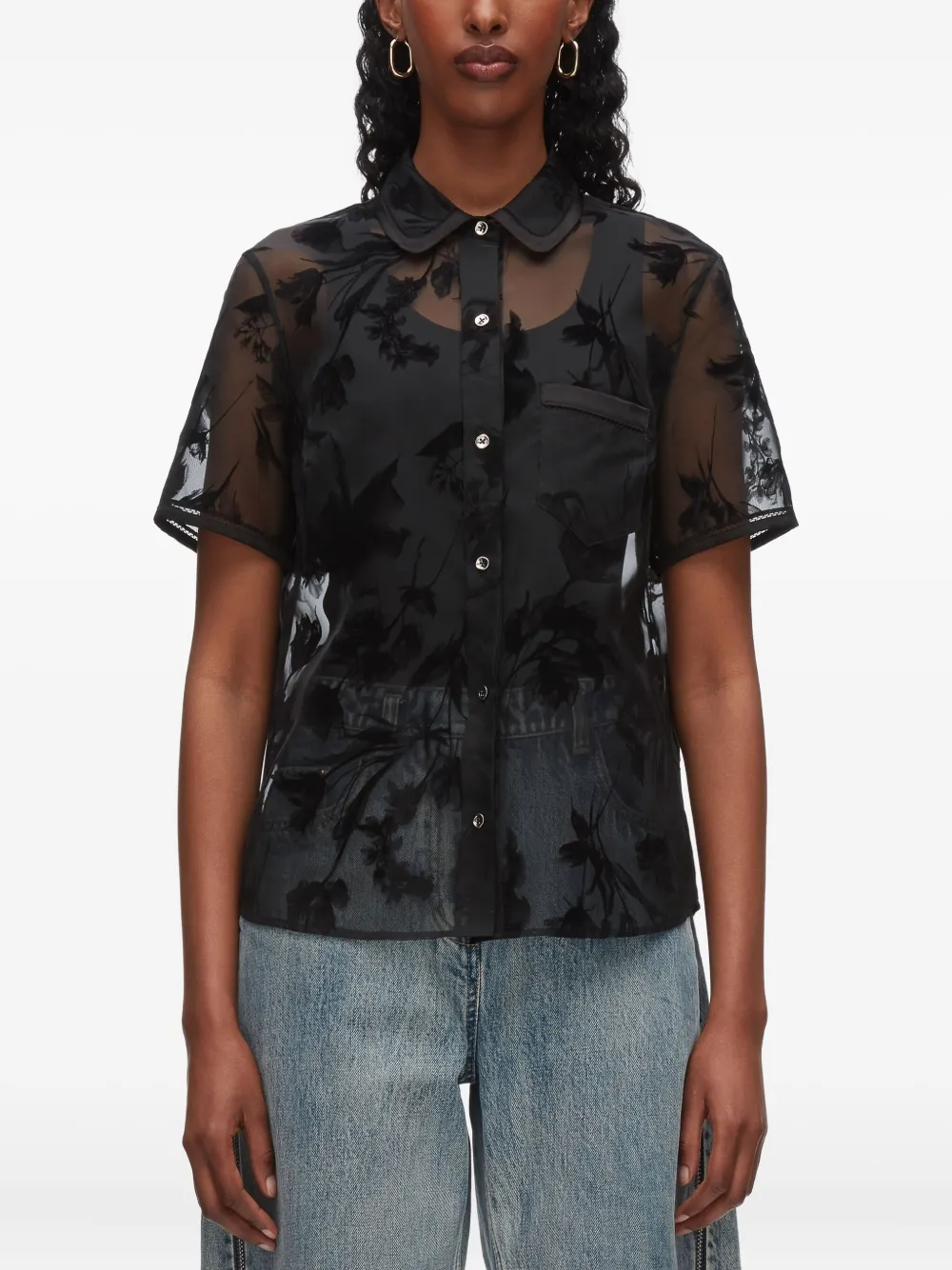 3.1 Phillip Lim Blouse met bloemenprint en korte mouwen Zwart