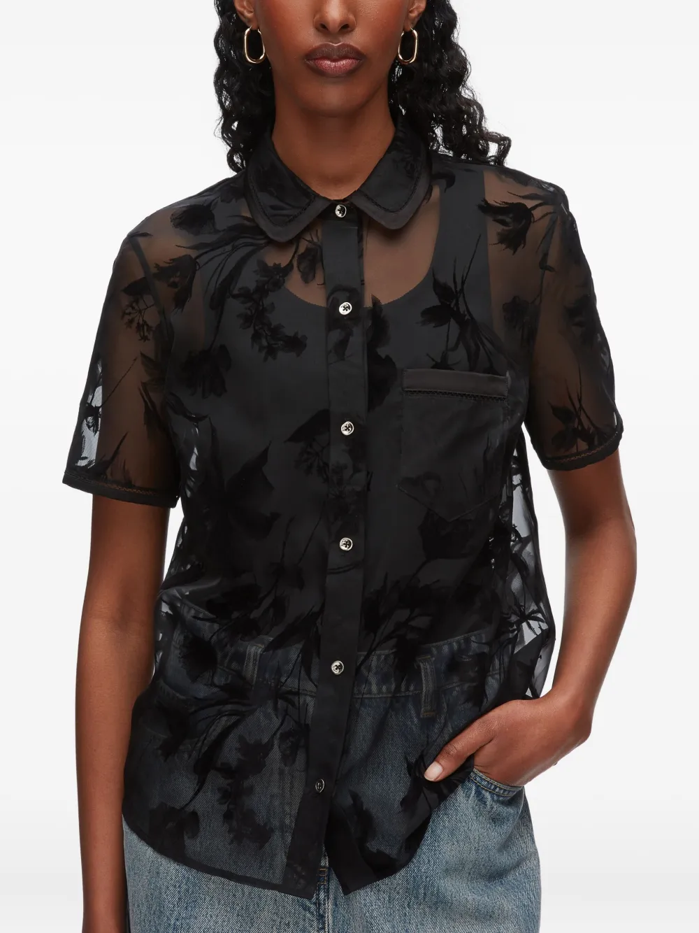 3.1 Phillip Lim Blouse met bloemenprint en korte mouwen Zwart