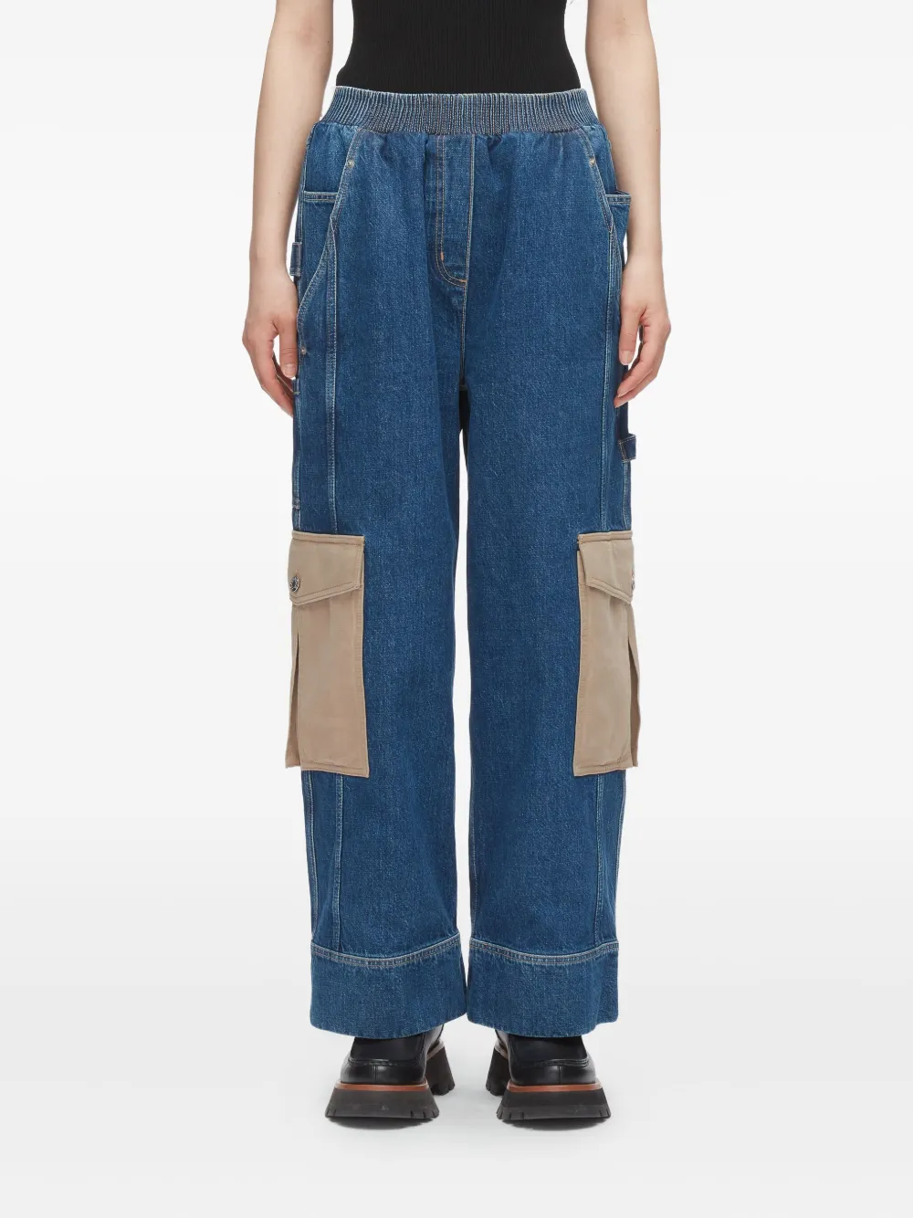 3.1 Phillip Lim Patchwork Wide Leg Elastic Waist Cargo Jeans In Blue