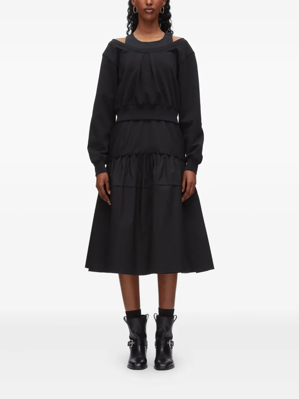 3.1 Phillip Lim Gelaagde midi-jurk met open schouders - Zwart