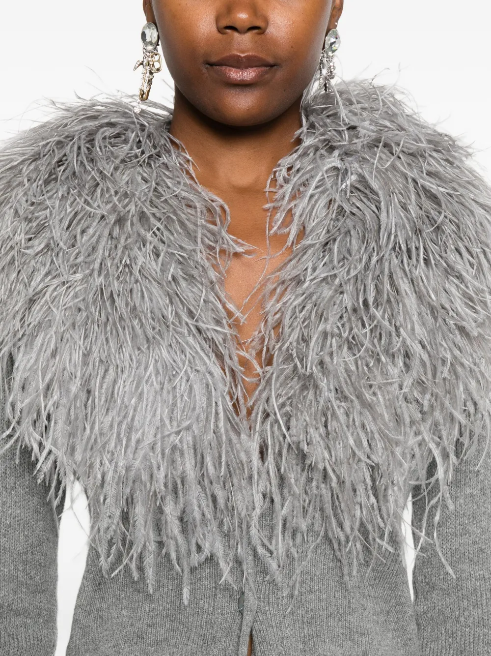 Blumarine Feather-trimmed Wool Cardigan In Gray