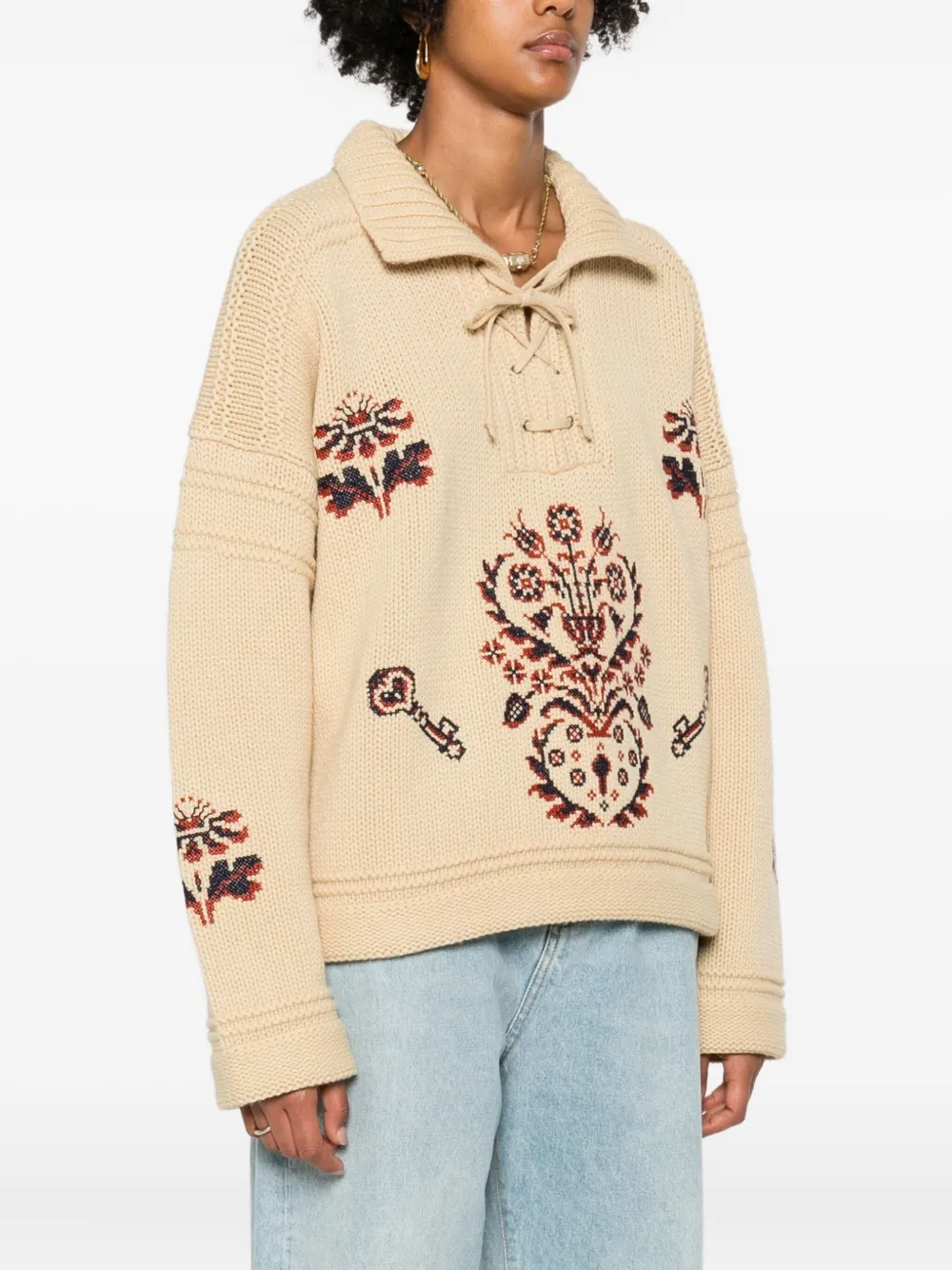 Etro Lace-up Embroidered Sweater In Neutral