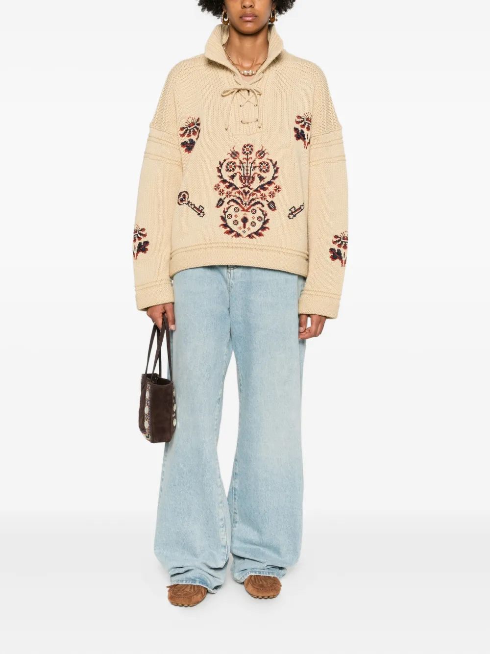 Etro Lace-up Embroidered Sweater In Neutral