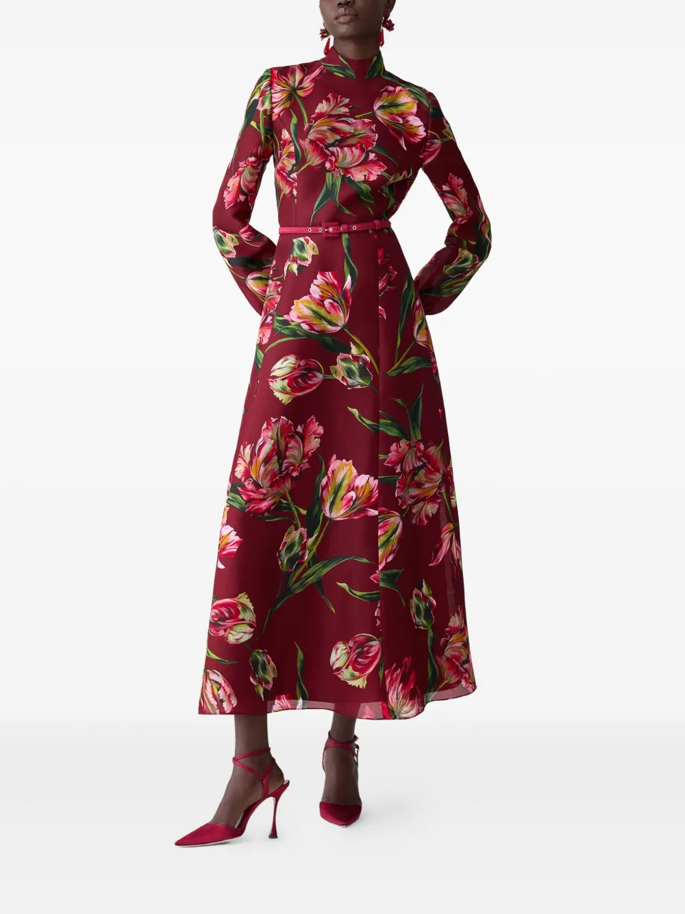 Carolina Herrera tulip-print high-neck dress Rood