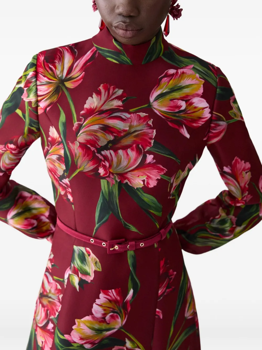 Carolina Herrera tulip-print high-neck dress Rood