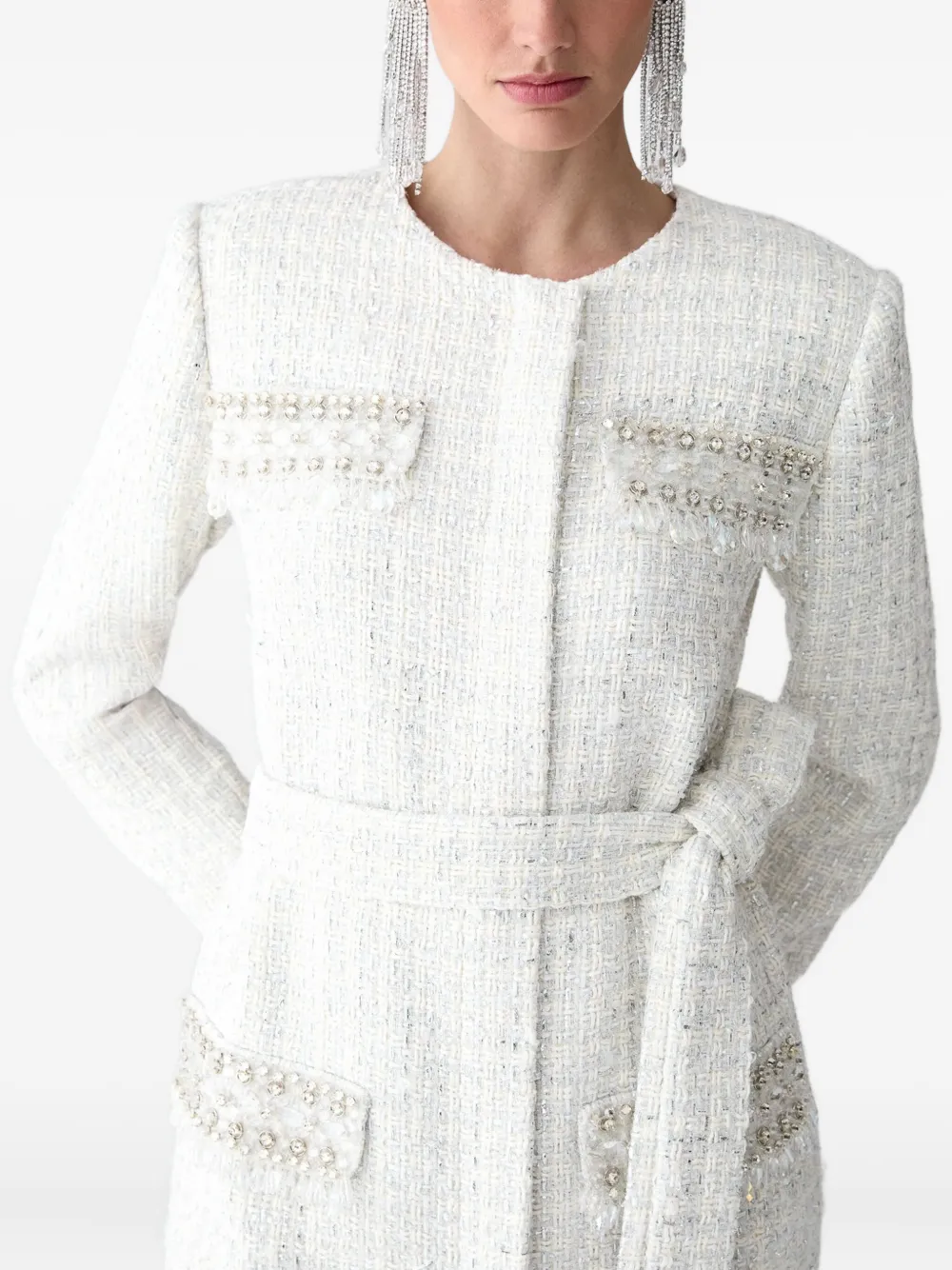 Carolina Herrera Rhinestone Tweed Coat In White