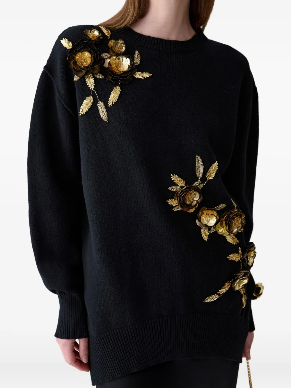 Carolina Herrera Floral-embroidered Wool-cashmere Sweater In Black