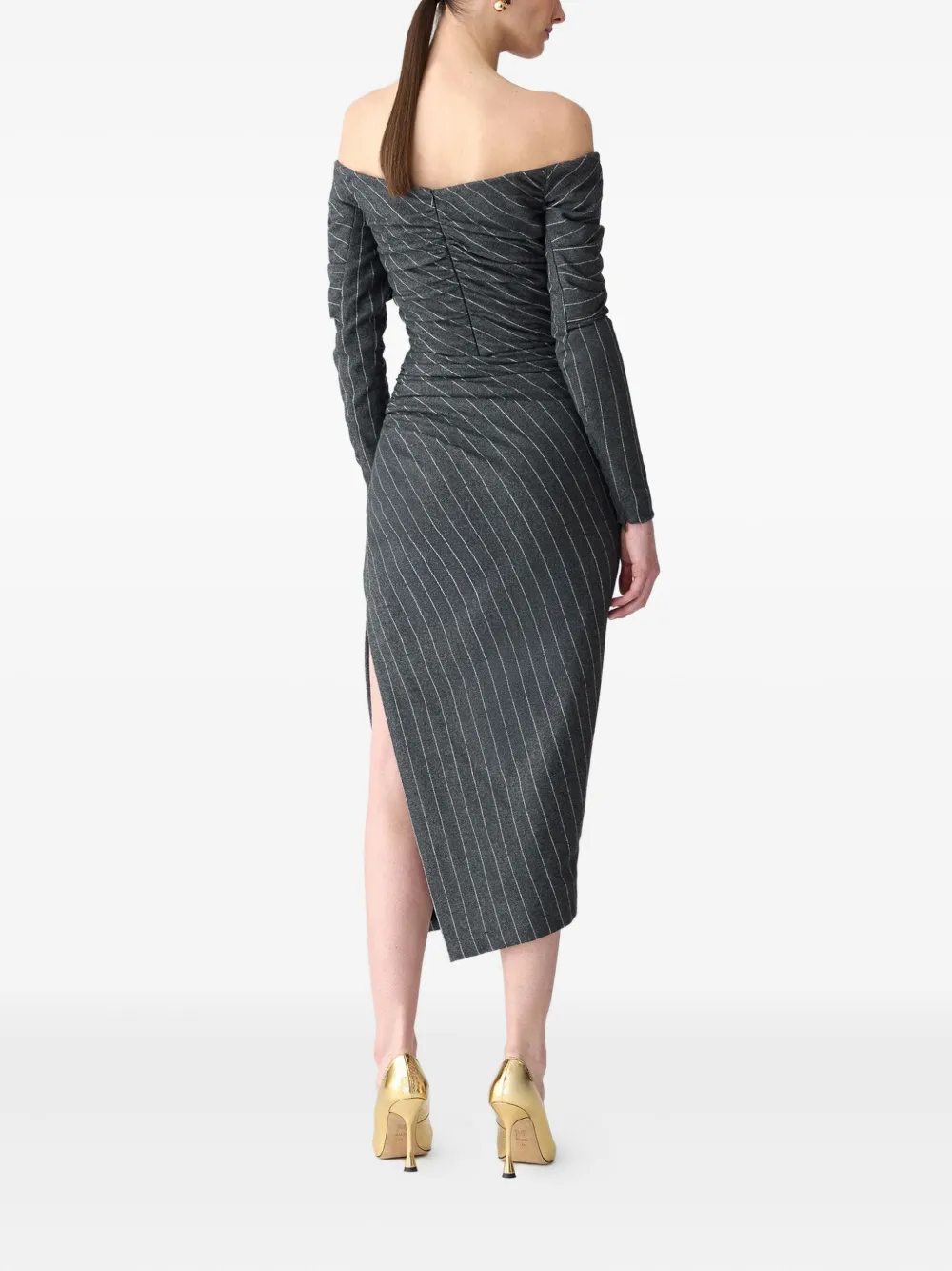 Carolina Herrera Off-shoulder Pinstripe Asymmetric Day Dress In Gray