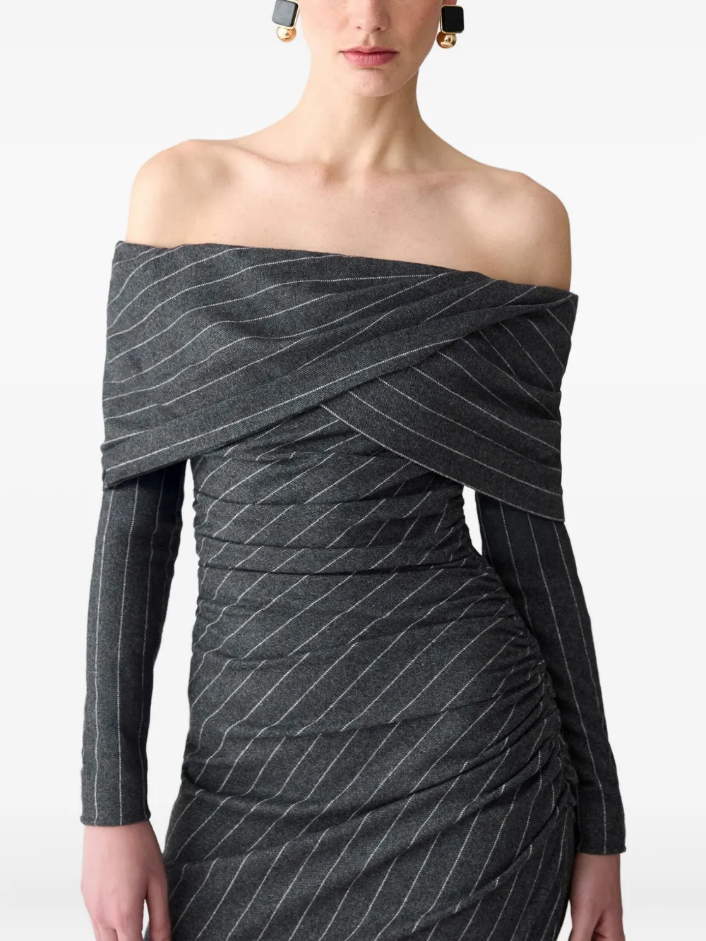 Carolina Herrera Off-shoulder Pinstripe Asymmetric Day Dress In Gray