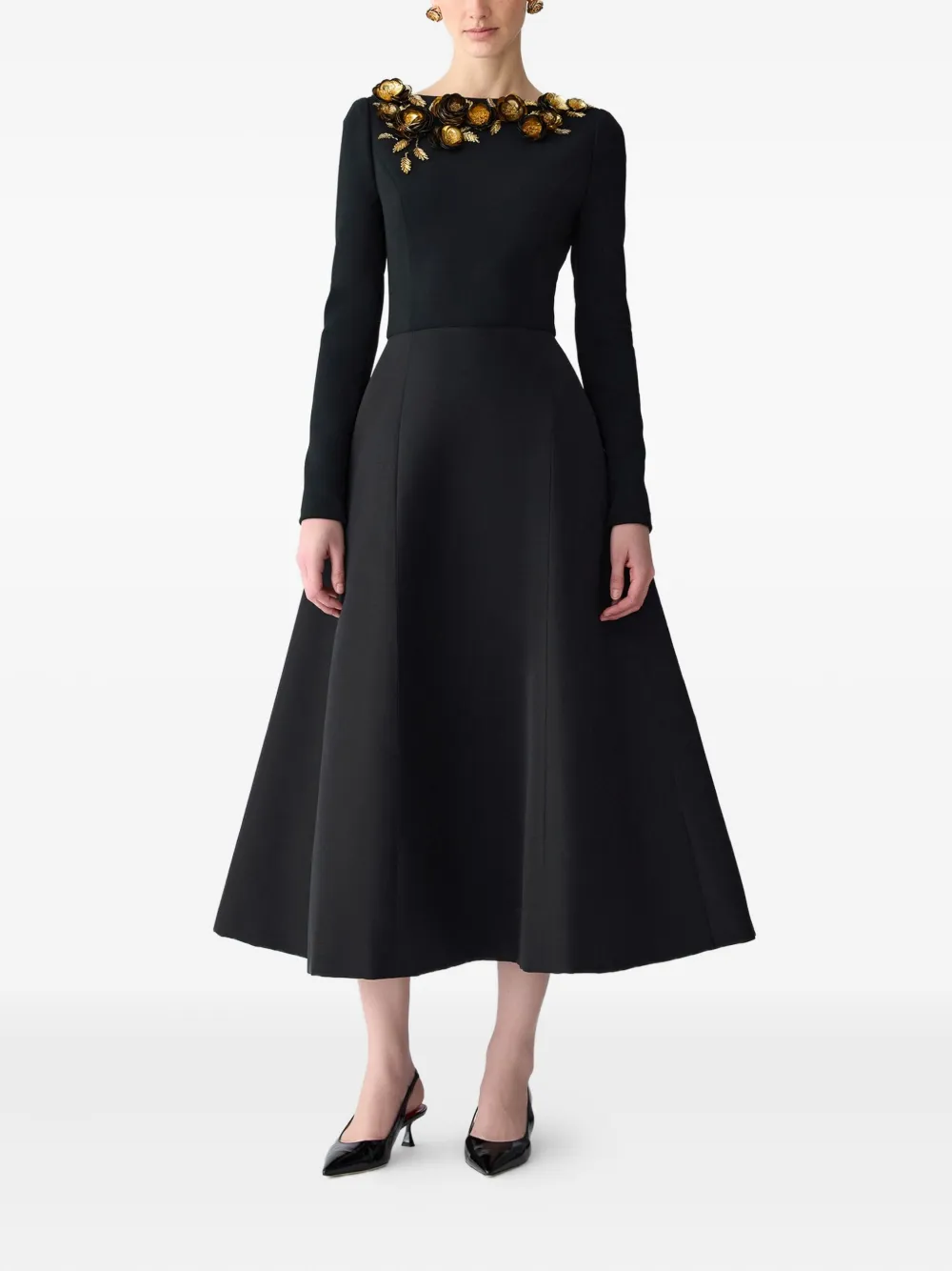 Carolina Herrera floral-embroidered midi dress Zwart